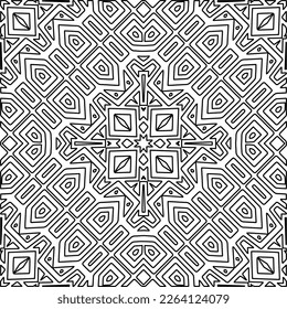  Monochrome ornamental texture with smooth linear shapes, zigzag lines, lace pattern.Abstract geometric black and white mandala for web page, textures, card, poster, fabric, textile.