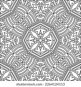 Monochrome ornamental texture with smooth linear shapes, zigzag lines, lace pattern.Abstract geometric black and white pattern for web page, textures, card, poster, fabric, textile.
