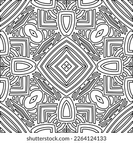  Monochrome ornamental texture with smooth linear shapes, zigzag lines, lace pattern.Abstract geometric black and white pattern for web page, textures, card, poster, fabric, textile.