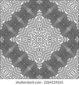  Monochrome ornamental texture with smooth linear shapes, zigzag lines, lace pattern.Abstract geometric black and white mandala for web page, textures, card, poster, fabric, textile.