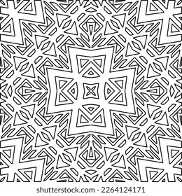  Monochrome ornamental texture with smooth linear shapes, zigzag lines, lace pattern.Abstract geometric black and white mandala for web page, textures, card, poster, fabric, textile.
