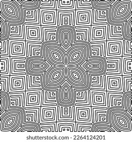  Monochrome ornamental texture with smooth linear shapes, zigzag lines, lace pattern.Abstract geometric black and white mandala for web page, textures, card, poster, fabric, textile.