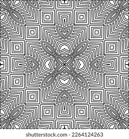  Monochrome ornamental texture with smooth linear shapes, zigzag lines, lace pattern.Abstract geometric black and white mandala for web page, textures, card, poster, fabric, textile.