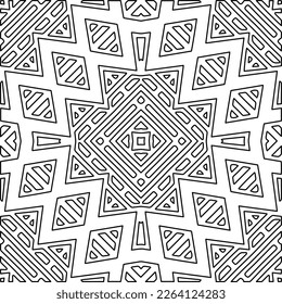  Textura ornamental monocroma con formas lineales lisas, líneas de zigzag, patrón de encaje.Mandala geométrica en blanco y negro para página web, texturas, tarjeta, afiche, tela, textil.