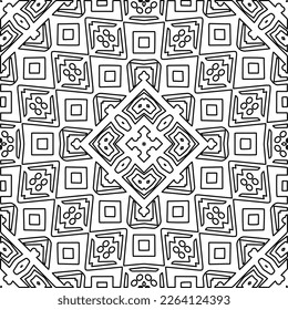  Monochrome ornamental texture with smooth linear shapes, zigzag lines, lace pattern.Abstract geometric black and white mandala for web page, textures, card, poster, fabric, textile.