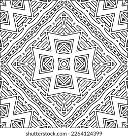  Textura ornamental monocroma con formas lineales lisas, líneas de zigzag, patrón de encaje.Mandala geométrica en blanco y negro para página web, texturas, tarjeta, afiche, tela, textil.