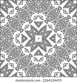  Monochrome ornamental texture with smooth linear shapes, zigzag lines, lace pattern.Abstract geometric black and white mandala for web page, textures, card, poster, fabric, textile.