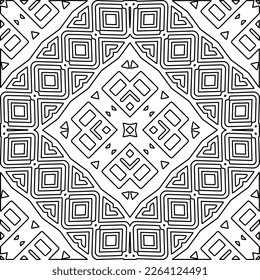  Monochrome ornamental texture with smooth linear shapes, zigzag lines, lace pattern.Abstract geometric black and white mandala for web page, textures, card, poster, fabric, textile.