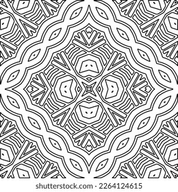  Textura ornamental monocroma con formas lineales lisas, líneas de zigzag, patrón de encaje.Mandala geométrica en blanco y negro para página web, texturas, tarjeta, afiche, tela, textil.