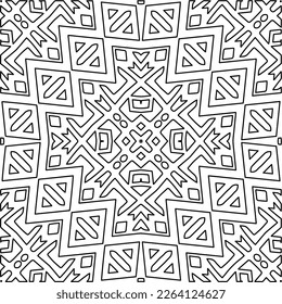  Monochrome ornamental texture with smooth linear shapes, zigzag lines, lace pattern.Abstract geometric black and white mandala for web page, textures, card, poster, fabric, textile.