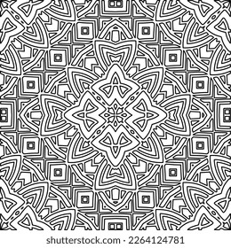  Monochrome ornamental texture with smooth linear shapes, zigzag lines, lace pattern.Abstract geometric black and white mandala for web page, textures, card, poster, fabric, textile.