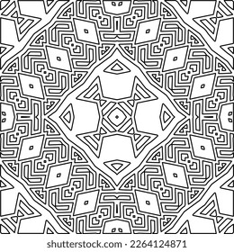  Textura ornamental monocroma con formas lineales lisas, líneas de zigzag, patrón de encaje.Mandala geométrica en blanco y negro para página web, texturas, tarjeta, afiche, tela, textil.