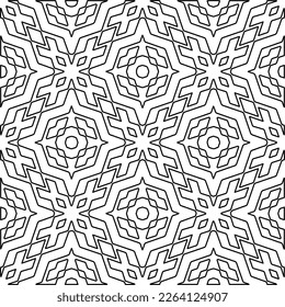  Monochrome ornamental texture with smooth linear shapes, zigzag lines, lace pattern.Abstract geometric black and white pattern for web page, textures, card, poster, fabric, textile.