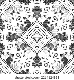  Monochrome ornamental texture with smooth linear shapes, zigzag lines, lace pattern.Abstract geometric black and white mandala for web page, textures, card, poster, fabric, textile.