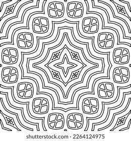  Monochrome ornamental texture with smooth linear shapes, zigzag lines, lace pattern.Abstract geometric black and white mandala for web page, textures, card, poster, fabric, textile.