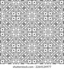  Monochrome ornamental texture with smooth linear shapes, zigzag lines, lace pattern.Abstract geometric black and white pattern for web page, textures, card, poster, fabric, textile.