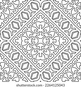  Monochrome Ziertextur mit glatten linearen Formen, Zickzacklinien, Spitzen-Muster.Abstrakte geometrische Schwarz-Weiß-Mandala für Webseiten, Texturen, Karten, Plakate, Gewebe, Textilien.