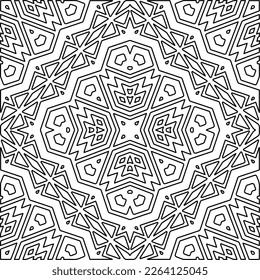  Textura ornamental monocroma con formas lineales lisas, líneas de zigzag, patrón de encaje.Mandala geométrica en blanco y negro para página web, texturas, tarjeta, afiche, tela, textil.