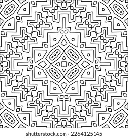  Monochrome ornamental texture with smooth linear shapes, zigzag lines, lace pattern.Abstract geometric black and white mandala for web page, textures, card, poster, fabric, textile.