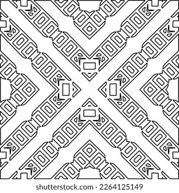  Monochrome ornamental texture with smooth linear shapes, zigzag lines, lace pattern.Abstract geometric black and white mandala for web page, textures, card, poster, fabric, textile.