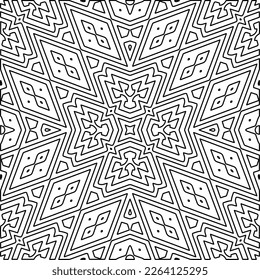  Monochrome Ziertextur mit glatten linearen Formen, Zickzacklinien, Spitzen-Muster.Abstrakte geometrische Schwarz-Weiß-Mandala für Webseiten, Texturen, Karten, Plakate, Gewebe, Textilien.