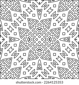  Textura ornamental monocroma con formas lineales lisas, líneas de zigzag, patrón de encaje.Mandala geométrica en blanco y negro para página web, texturas, tarjeta, afiche, tela, textil.