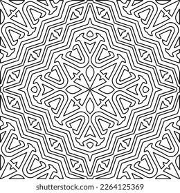  Monochrome ornamental texture with smooth linear shapes, zigzag lines, lace pattern.Abstract geometric black and white mandala for web page, textures, card, poster, fabric, textile.
