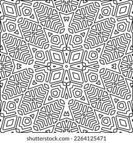  Monochrome ornamental texture with smooth linear shapes, zigzag lines, lace pattern.Abstract geometric black and white mandala for web page, textures, card, poster, fabric, textile.