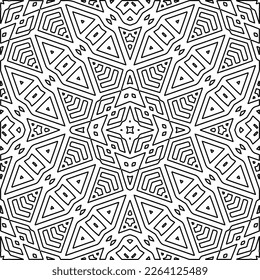  Textura ornamental monocroma con formas lineales lisas, líneas de zigzag, patrón de encaje.Mandala geométrica en blanco y negro para página web, texturas, tarjeta, afiche, tela, textil.