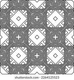 Monochrome Ziertextur mit glatten linearen Formen, Zickzacklinien, Spitzen-Muster.Abstraktes geometrisches Schwarz-Weiß Muster für Webseiten, Texturen, Karten, Poster, Gewebe, Textilien.