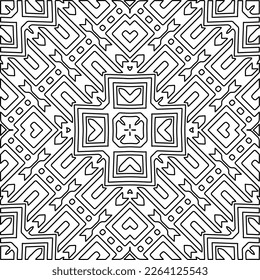  Monochrome ornamental texture with smooth linear shapes, zigzag lines, lace pattern.Abstract geometric black and white mandala for web page, textures, card, poster, fabric, textile.