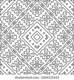  Monochrome Ziertextur mit glatten linearen Formen, Zickzacklinien, Spitzen-Muster.Abstrakte geometrische Schwarz-Weiß-Mandala für Webseiten, Texturen, Karten, Plakate, Gewebe, Textilien.