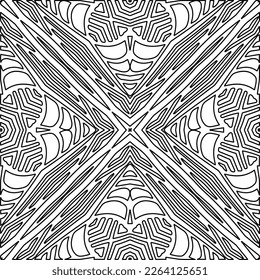  Monochrome ornamental texture with smooth linear shapes, zigzag lines, lace pattern.Abstract geometric black and white pattern for web page, textures, card, poster, fabric, textile.