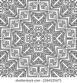  Textura ornamental monocroma con formas lineales lisas, líneas de zigzag, patrón de encaje.Mandala geométrica en blanco y negro para página web, texturas, tarjeta, afiche, tela, textil.