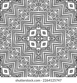  Monochrome ornamental texture with smooth linear shapes, zigzag lines, lace pattern.Abstract geometric black and white mandala for web page, textures, card, poster, fabric, textile.