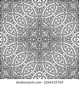  Monochrome ornamental texture with smooth linear shapes, zigzag lines, lace pattern.Abstract geometric black and white mandala for web page, textures, card, poster, fabric, textile.