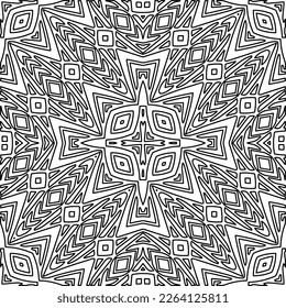  Monochrome ornamental texture with smooth linear shapes, zigzag lines, lace pattern.Abstract geometric black and white mandala for web page, textures, card, poster, fabric, textile.