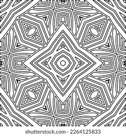  Monochrome ornamental texture with smooth linear shapes, zigzag lines, lace pattern.Abstract geometric black and white pattern for web page, textures, card, poster, fabric, textile.