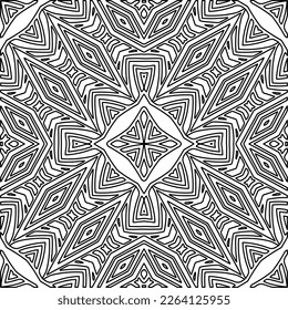  Monochrome Ziertextur mit glatten linearen Formen, Zickzacklinien, Spitzen-Muster.Abstrakte geometrische Schwarz-Weiß-Mandala für Webseiten, Texturen, Karten, Plakate, Gewebe, Textilien.