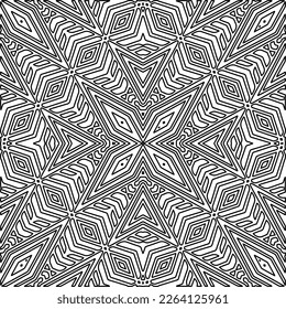  Monochrome ornamental texture with smooth linear shapes, zigzag lines, lace pattern.Abstract geometric black and white mandala for web page, textures, card, poster, fabric, textile.