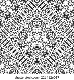  Monochrome ornamental texture with smooth linear shapes, zigzag lines, lace pattern.Abstract geometric black and white mandala for web page, textures, card, poster, fabric, textile.