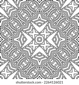  Monochrome ornamental texture with smooth linear shapes, zigzag lines, lace pattern.Abstract geometric black and white mandala for web page, textures, card, poster, fabric, textile.