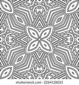  Monochrome Ziertextur mit glatten linearen Formen, Zickzacklinien, Spitzen-Muster.Abstraktes geometrisches Schwarz-Weiß Muster für Webseiten, Texturen, Karten, Poster, Gewebe, Textilien.