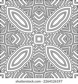  Monochrome Ziertextur mit glatten linearen Formen, Zickzacklinien, Spitzen-Muster.Abstraktes geometrisches Schwarz-Weiß Muster für Webseiten, Texturen, Karten, Poster, Gewebe, Textilien.