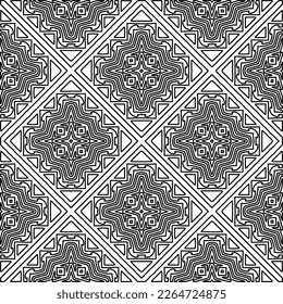 Monochrome ornamental texture with smooth linear shapes, zigzag lines, lace pattern.Abstract geometric black and white pattern for web page, textures, card, poster, fabric, textile.