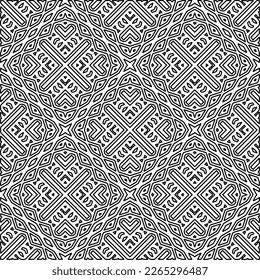 Monochrome Ziertextur mit glatten linearen Formen, Zickzacklinien, Spitzen-Muster.Abstraktes geometrisches Schwarz-Weiß Muster für Webseiten, Texturen, Karten, Poster, Gewebe, Textilien.