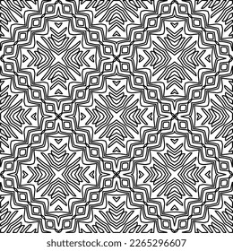  Monochrome ornamental texture with smooth linear shapes, zigzag lines, lace pattern.Abstract geometric black and white pattern for web page, textures, card, poster, fabric, textile.