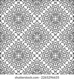 
 Monochrome ornamental texture with smooth linear shapes, zigzag lines, lace pattern.Abstract geometric black and white pattern for web page, textures, card, poster, fabric, textile.