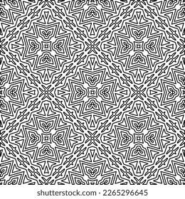 
 Monochrome ornamental texture with smooth linear shapes, zigzag lines, lace pattern.Abstract geometric black and white pattern for web page, textures, card, poster, fabric, textile.