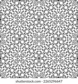 
 Monochrome ornamental texture with smooth linear shapes, zigzag lines, lace pattern.Abstract geometric black and white pattern for web page, textures, card, poster, fabric, textile.